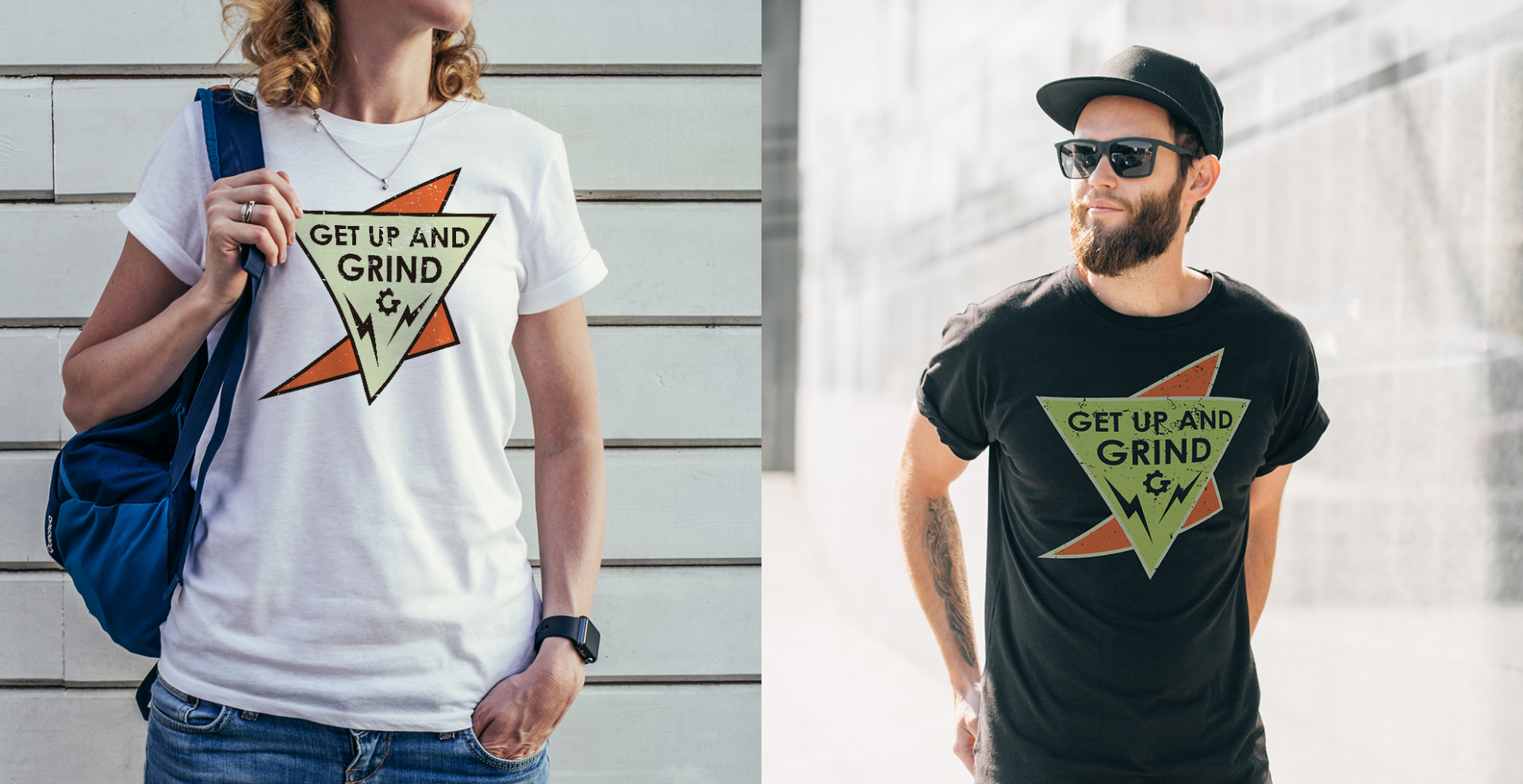 Two mock-ups, side-by-side, showing how a t-shirt design for the store would look on men and women.